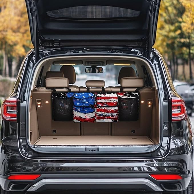 American Flag Print Car Trunk Organizer and Storage, Backseat Hanging Organizer for SUV, Truck, Collapsible Cargo Storage Bag with 4 Pockets, Car Interior Accessories for Men and Women