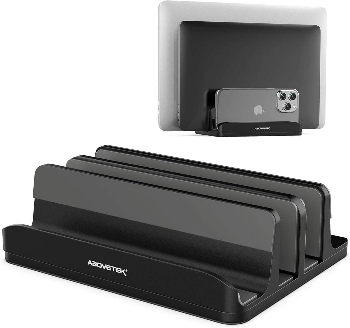 AboveTEK Vertical Laptop Stand Holder, 3 Slots Aluminum Desk Stand with Adjustable Dock Size for Tablet, MacBook, Phone - Universal Fit (up to 17.3") - Heavy Duty Polished, Anti Slide - Black