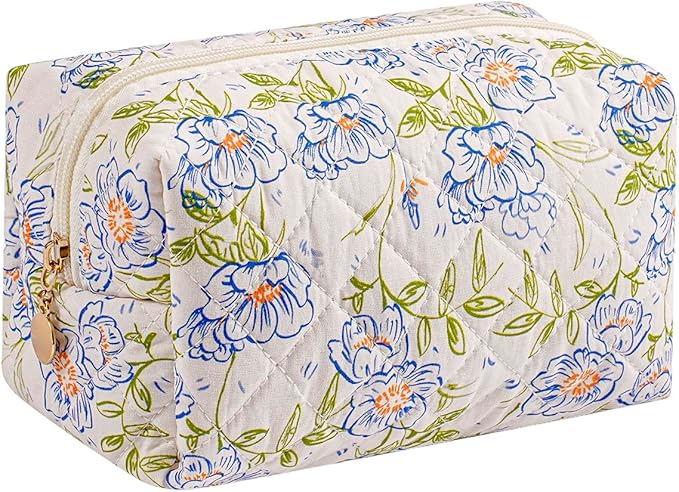 Gleyemor Small Quilted Makeup Bag for Women, Cute Floral Bow Cosmetic Bag, Emergency Bag Travel Toiletry Cotton Pouch Gifts for Girls Her Mom Friend Sister Bridesmaid (Green-Blue)