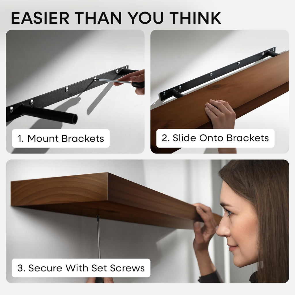 Homeforia Walnut Floating Bathroom Shelves, High End Solid Real Wood 16 inch Small Floating Shelf for Wall Mounted, Dark Brown 16inch Floating Shelves, Heavy Duty Bracket, 16 X 6.5 X 1.75 in, Set of 3