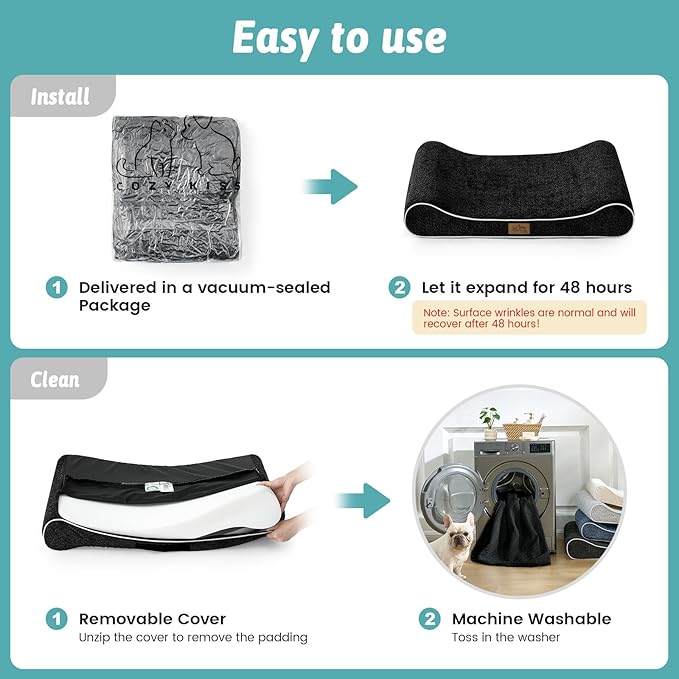 COZY KISS Orthopedic Dog Bed for Large Dogs up to 90 lbs - Removable Washable Cover with Waterproof Lining & Non-Skid Bottom, Cotton-Polyester Blend Boat-Shaped Lounger Mattress, L(45x30x6in), Black
