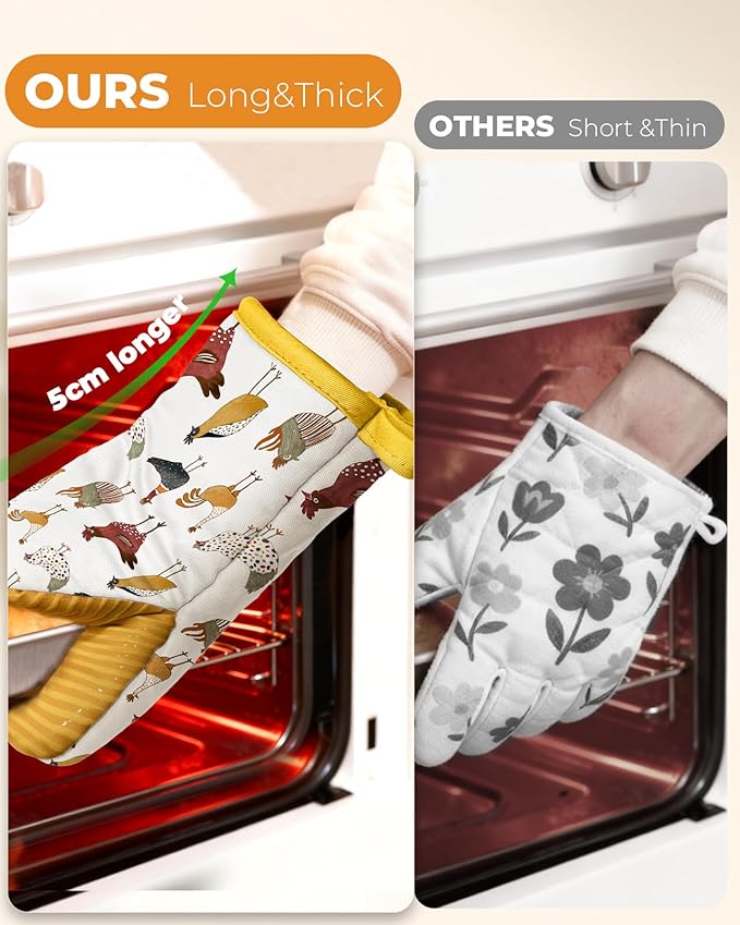 Slohif Chicken Mini Oven Mitts Set – Yellow Animal Extended Short Heat Resistant Kitchen Gloves for Women, 100% Cotton Oven Mitts with Silicone Grips, Non-Slip and Thick Durable for Cooking & Baking