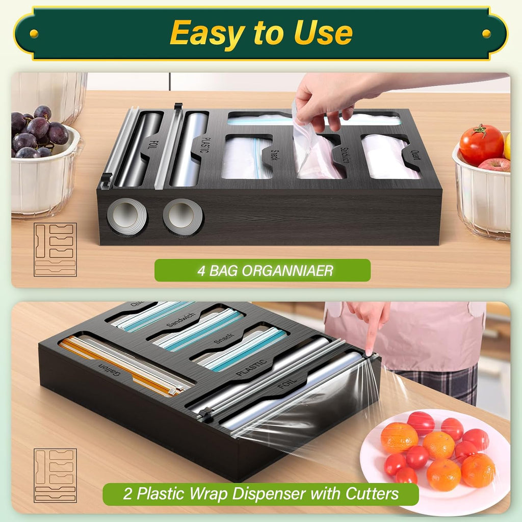 KOCWELL Bag Organizer & Plastic Wrap Dispenser with Cutter, 6 In 1 Bamboo Foil & Plastic Wrap Organizer for Kitchen, Food Storage Bag Organizer