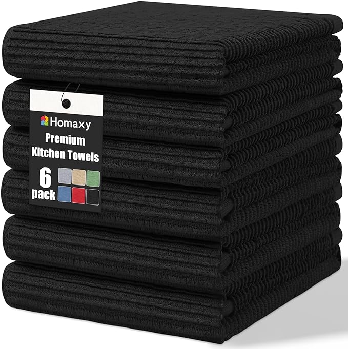 Homaxy Premium Kitchen Towels (18"x 28", 6 Pack), Large 100% Cotton Kitchen Hand Towels, Ultra Absorbent Ribbed Terry Tea Towels Set with Hanging Loop, Black
