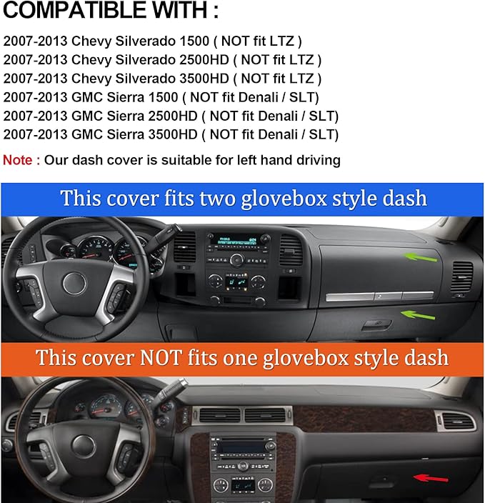 Dashboard Cover for GMC Sierra and Chevrolet Silverado- Fits 2007-2013 Models with Two Glove Boxes. Custom Fit Dash Mat, Won't Break Dash Sensors(Premium Carpet, Brown)