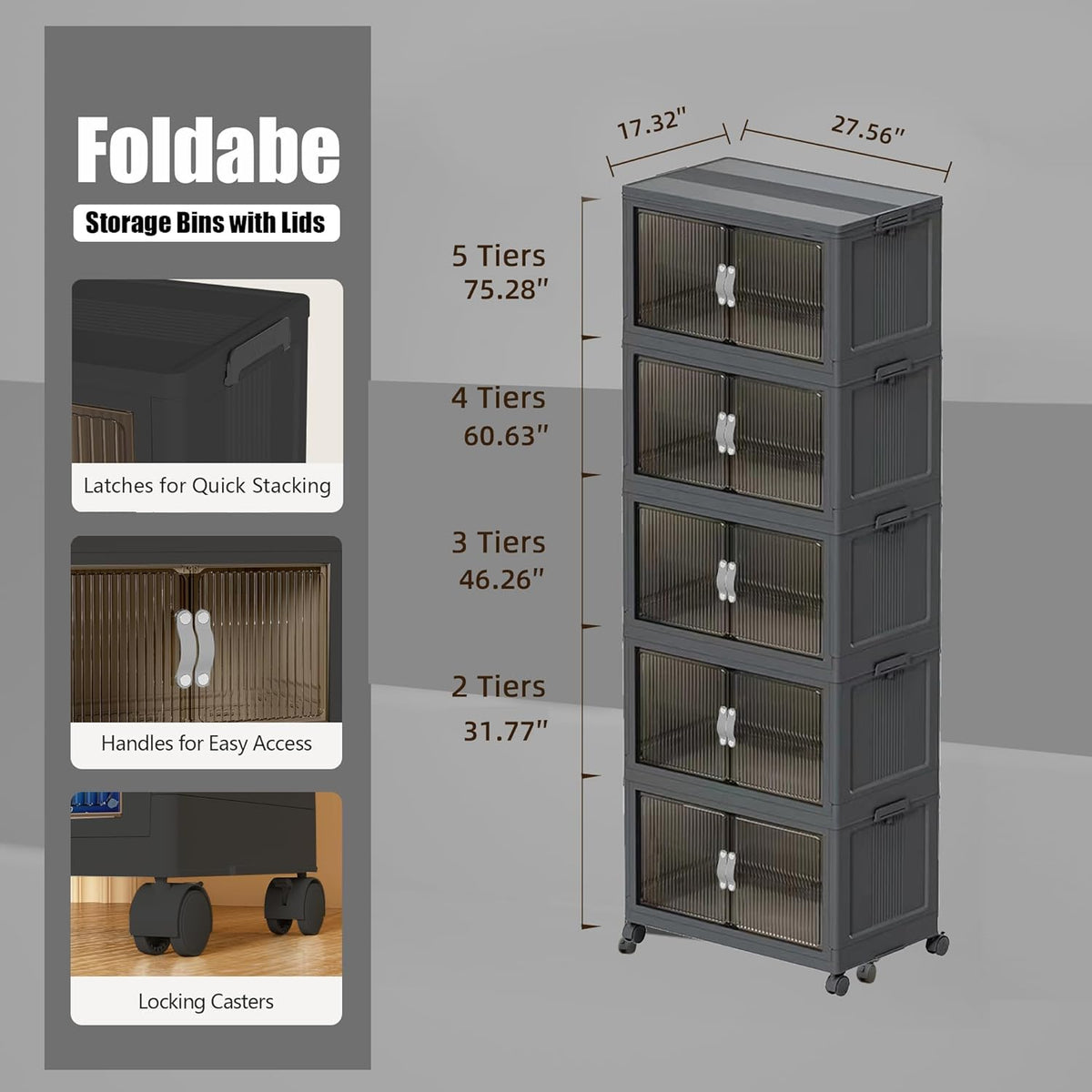 Stackable Storage Bins,164GAL Foldable Cabinet Storage Bins with Lid and Door, Collapsible Plastic Closet Organizers, Folding Multi-Use Containers for Home, Pantry, Office (L, Gray 5-Tier)