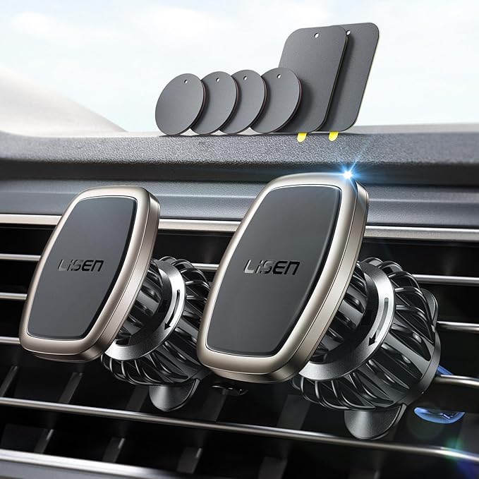 LISEN 2-Pack Magnetic Phone Holder for Car: 6 Military Magnets, Gold Vent Phone Mount