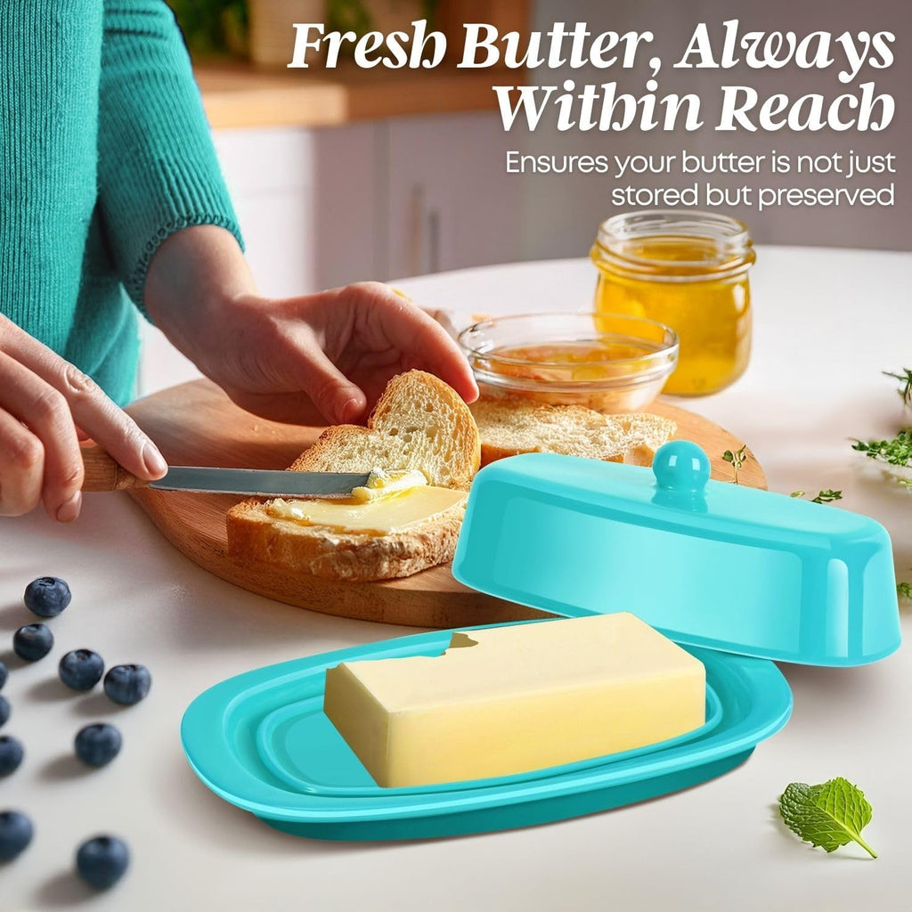 Flexzion Ceramic Blue European Butter Dish with Lid for Countertop (7 Inch) - 1 Stick Butter Holder for Counter, Cream Cheese Container Storage Keeper