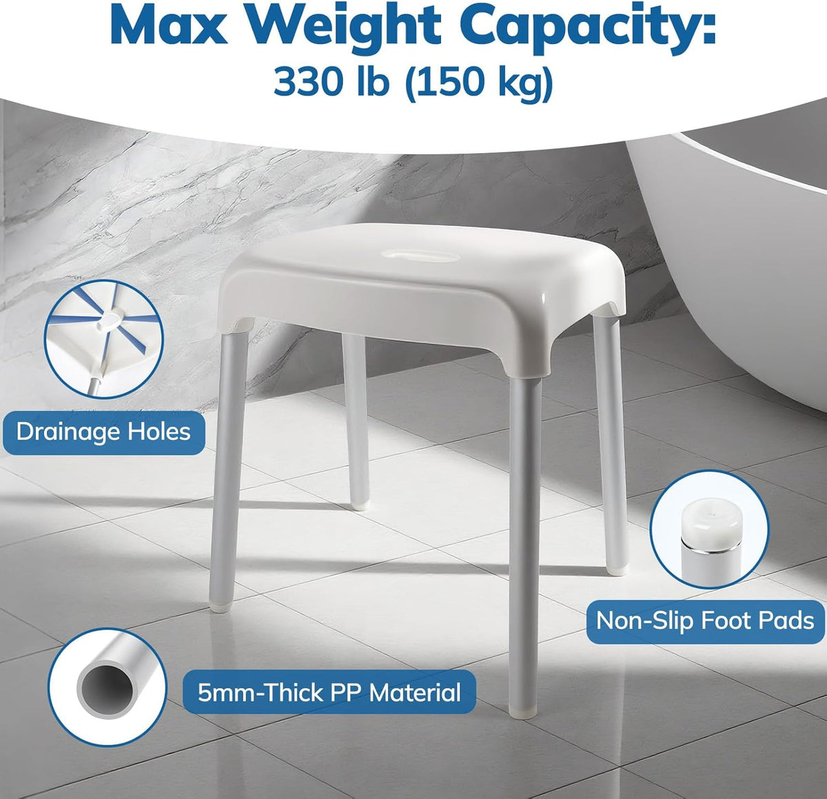 Umimile Shower Stool for Shaving Legs - Fixed Height, Sturdy 330 lb Bath Seat - Anti-Slip Safety Shower Stool for Elderly and Disabled, Tool-Free Assembly (Height: 15.8")