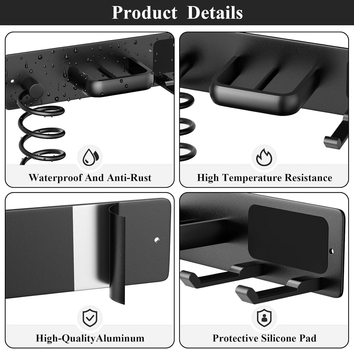 Tindbea Hair Dryer Holder Curling Iron Holder Flat Iron, Blow Dryer Holder Wall Mount, 3 in 1 Bathroom Hair Tool Organizer Rack for Universal Dryer, Matte Black