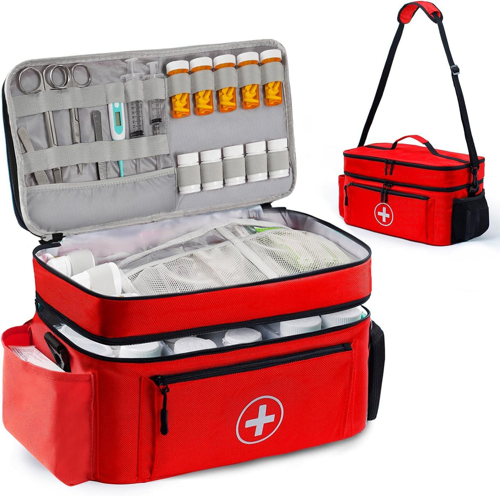 Medicine Organizer and Storage Bag Empty, Family First Aid Box, Pill Bottle Organizer Bag for Emergency Medication, Supplements or Medical Kits, Zippered Medicine Bag for Home and Travel (Red)