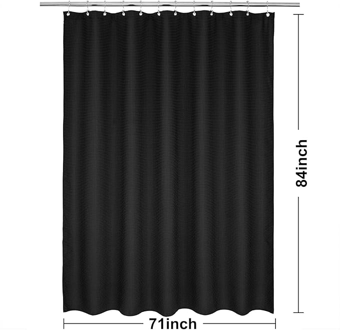 Barossa Design Extra Long Waffle Weave Shower Curtain 71" W x 84" H - Hotel Luxury Spa, 230 GSM Heavy Weighted Fabric, Water Repellent, Black, 71x84