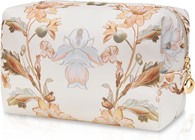 Floral Waterproof Makeup Bag, Leather Cosmetic Bag with Compartments, Zipper Make up Pouch Organizer, Portable Storage Travel Toiletry Bag Gifts for Women Girls(Apricot Flower)