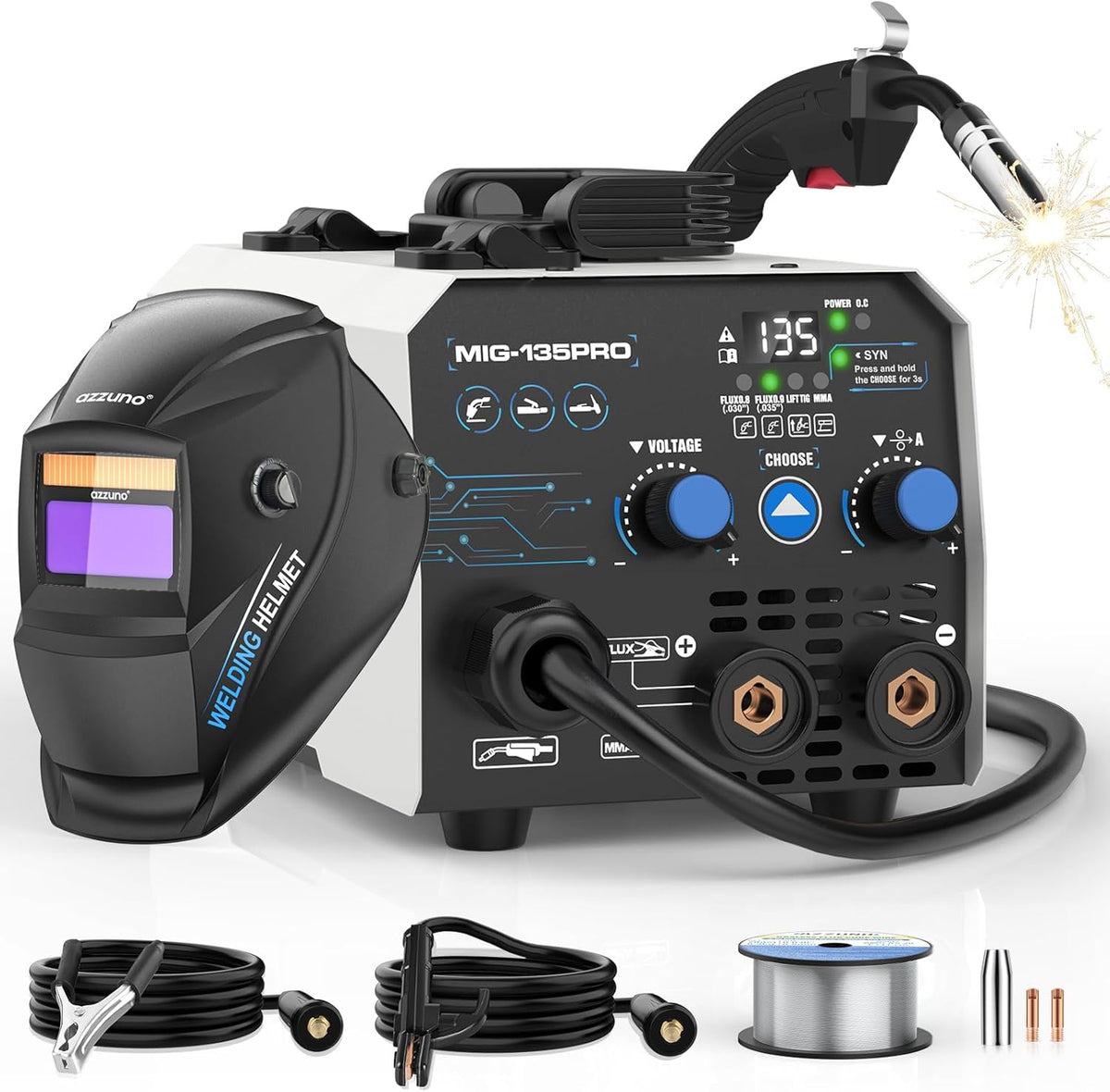 AZZUNO 135A MIG Welder Machine 110V, 3 in 1 Welder with Flux Core Gasless MIG/Lift TIG/Stick Welding Machine with Auto Darkening Welding Helmet, Portable Wire Feed Welder