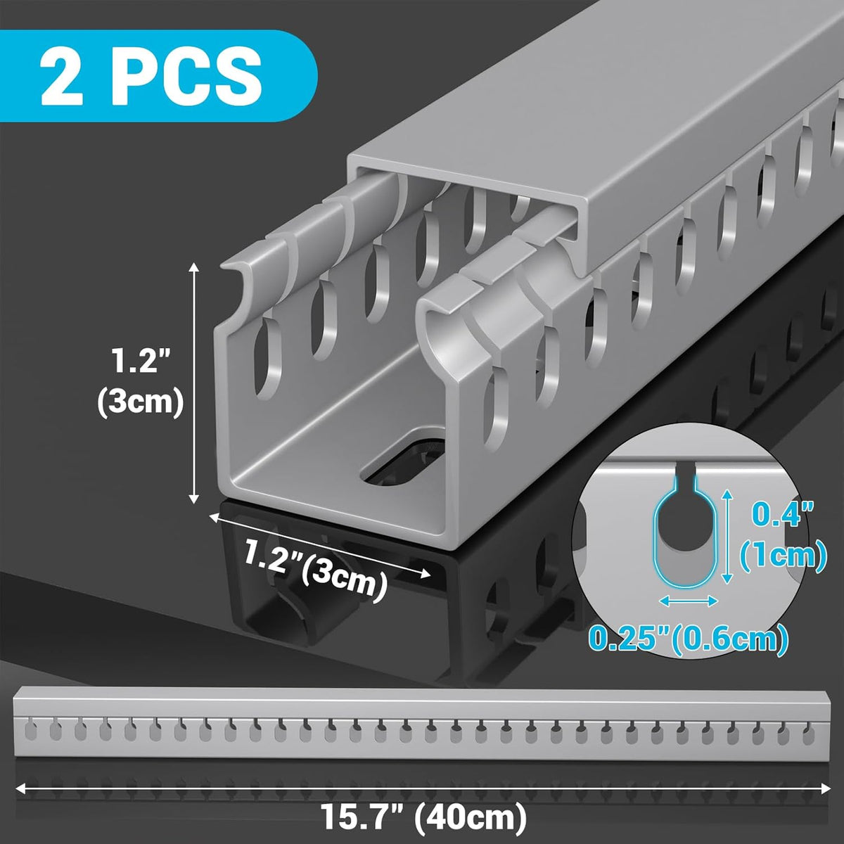 Open Slot Wire Duct Kit, 31.4"(2 x 15.7) Server Rack Cable Management, Cable Management Raceway for Hide Network HDMI VGA Cable, Wiring Raceway Cable Duct, Desk Wire Channel, 2 Pack, Grey