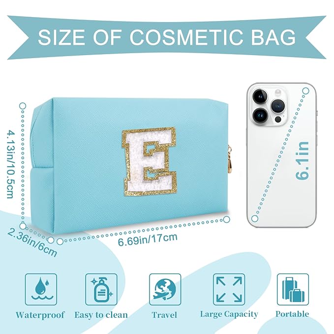 Small Personalized Initial A-Z Preppy Patch Makeup Bag,PU Chenille Letter Travel Cosmetic Pouch with Zipper,Blue Cute Toiletry Bag,Gift Ideal for Teen Girls Women Teacher Bridesmaid,Letter E