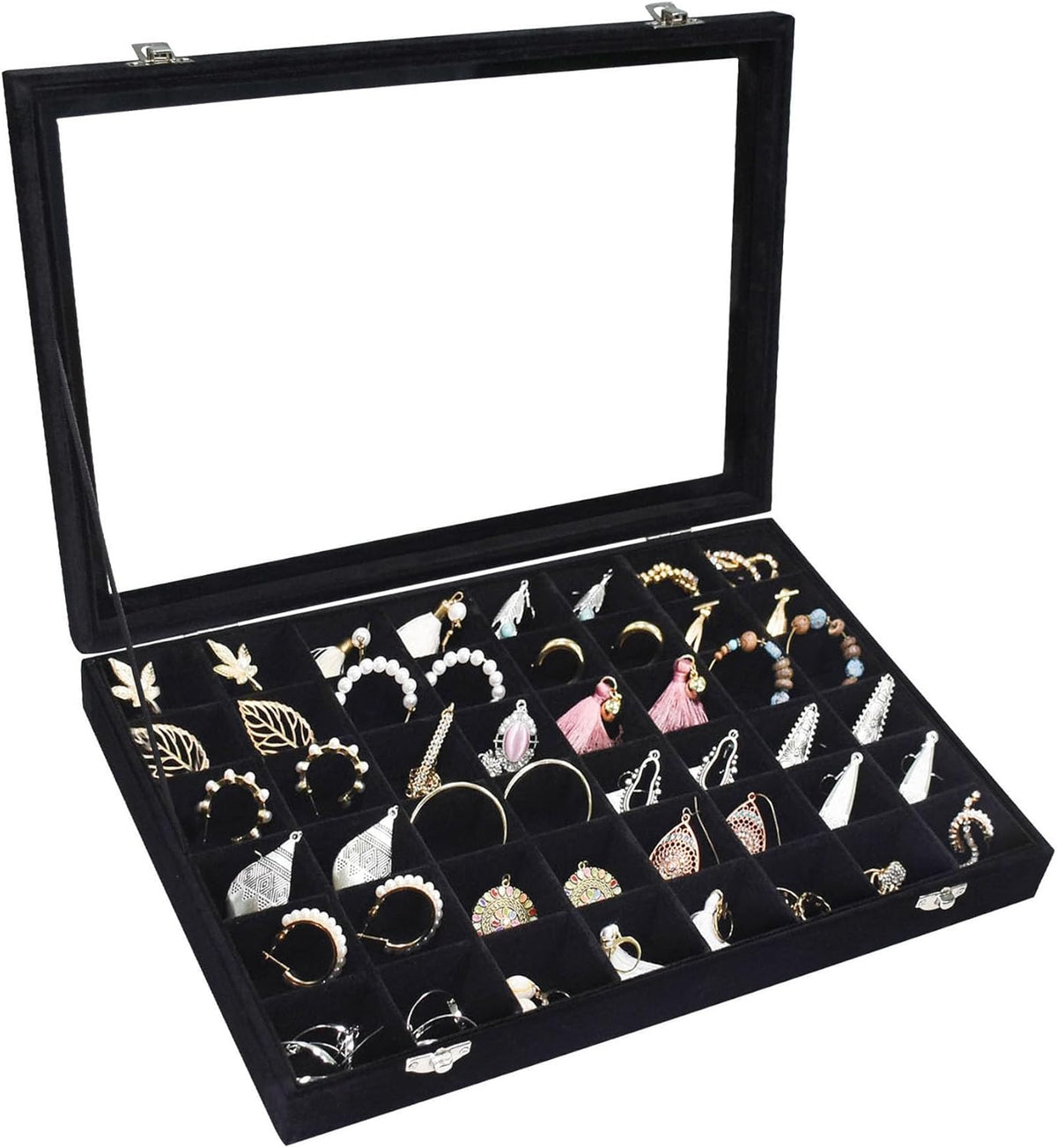 Velvet Jewelry Tray 48 Grid Jewelry Display Tray Organizer Box with Transparent Lid Rings Earrings Necklaces Pendants Display Box Suitable for Women and Girls (Black)