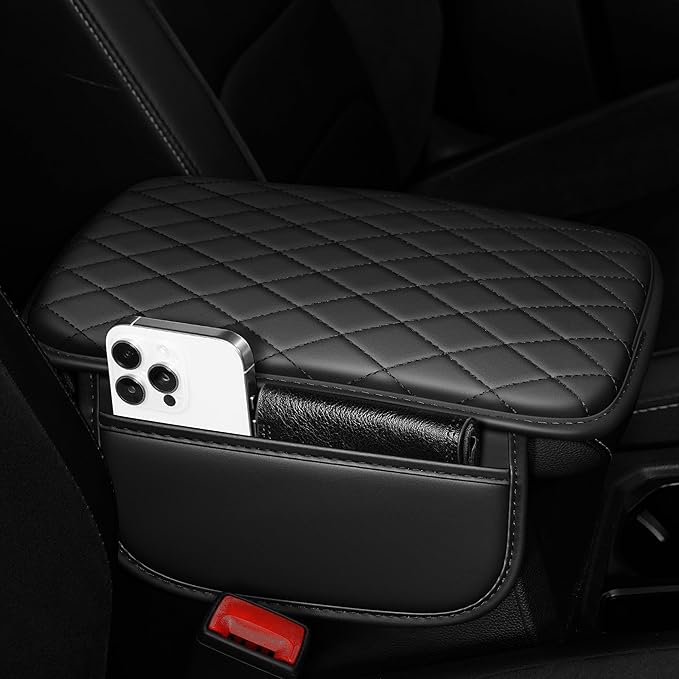 Center Console Cover for RLX: Armrest Cover for Car with 2 Storage Bags - Scratch & Wear Resistant & Waterproof Leather Console Cover,Anti-Scratch Auto Armrest Pad Accessory （Black