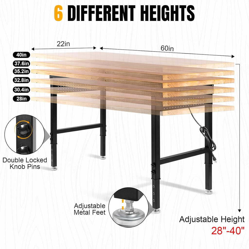 Height Adjustable Workbench 60”×22” Heavy Duty Work Table 2000 LBS Load Capacity Rubber Wood Work Station with Power Outlet & Pegboard for Garage, Office, Workshop, Home, Party Shop