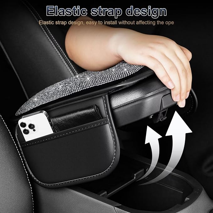 YORKNEIC Center Console Cover Fit for Model Y Bling Car Armrest Cover Crystal Rhinestone Armrest Cushion for Car Console with 2 Storage Bags - Diamond Armrest Cover