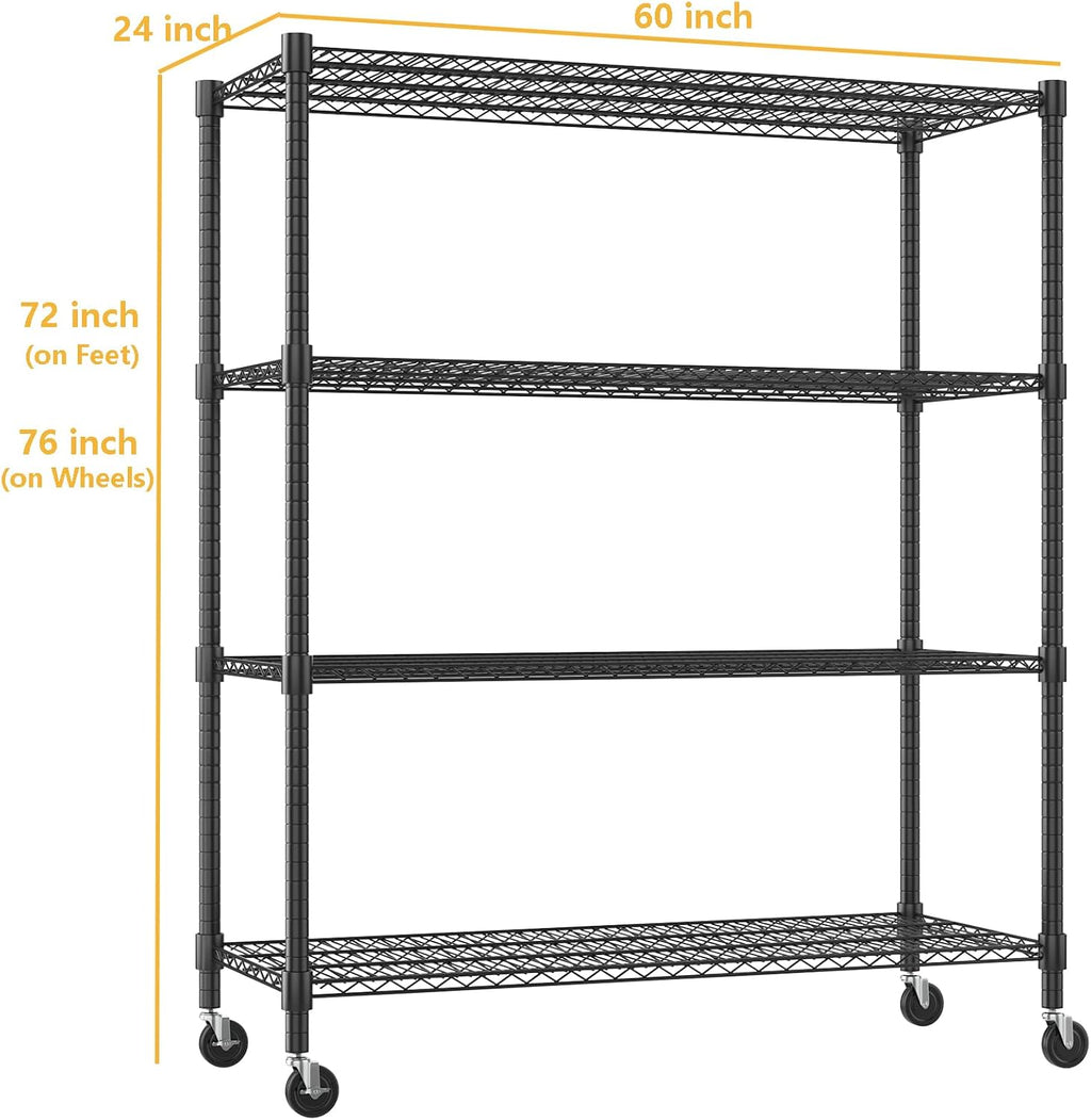 Himimi Storage Shelves 60" W Wire Shelving with Wheels 2600LBS Heavy Duty Metal Shelves for Storage, 4-Tier Adjustable Wire Rack Shelving Garage Shelving Kitchen Storage Shelves 24" Dx60 Wx72H, Black
