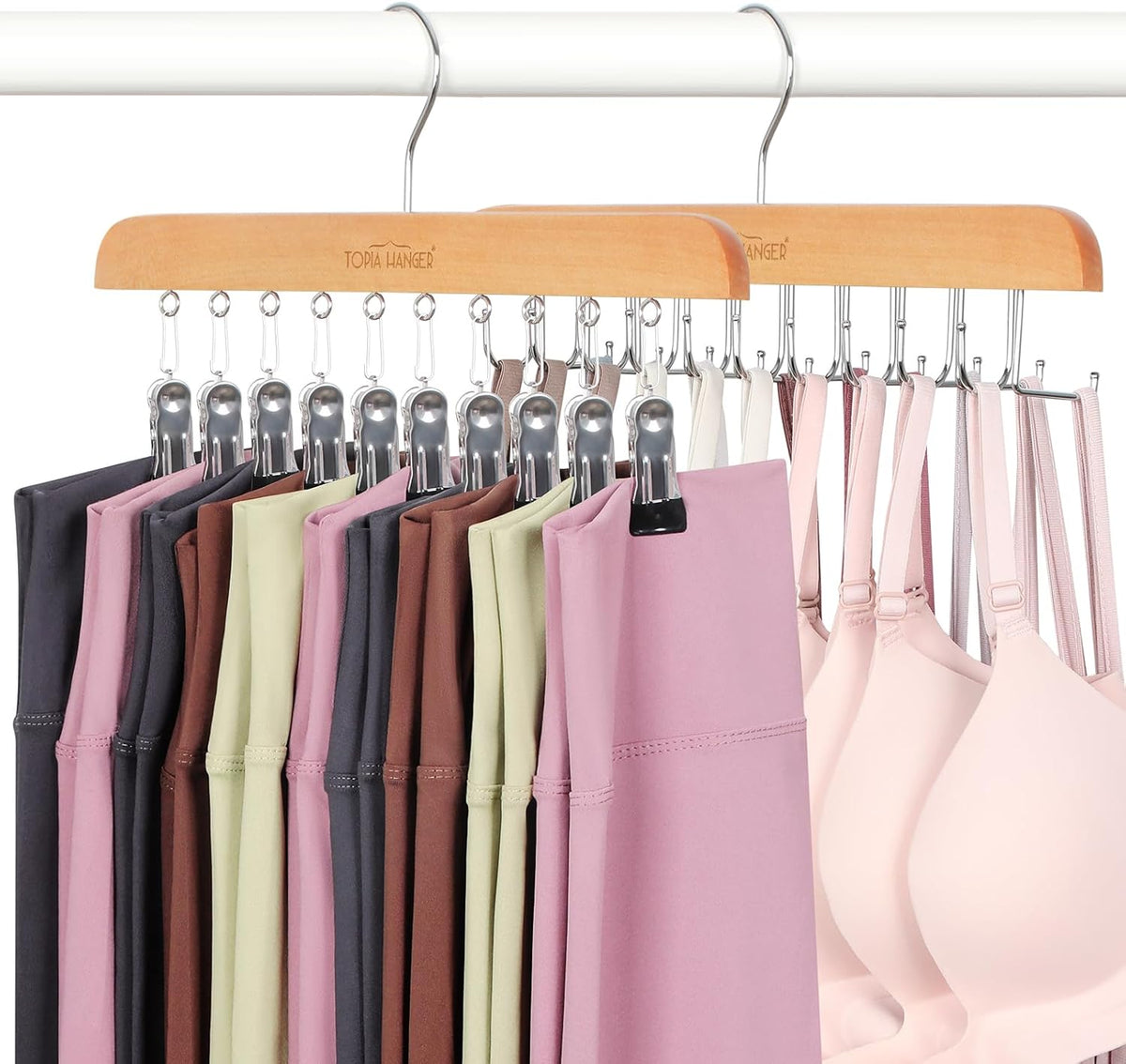 TOPIA HANGER 2 Pack Bra Hanger with Leggings Organizer, 2-in-1 Space Saving Hangers Neatly Store Max 20 Bras and 10 Leggings, Pants Jeans Shorts Skirt Tank Top Hanger for Closet Women Natural CT76N