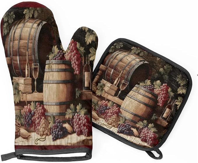 Vintage Wine and Ripe Grapes Oven Mitts and Pot Holders Sets, 2 Pcs Decorative Kitchen Oven Glove for Cooking