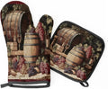 Vintage Wine and Ripe Grapes Oven Mitts and Pot Holders Sets, 2 Pcs Decorative Kitchen Oven Glove for Cooking