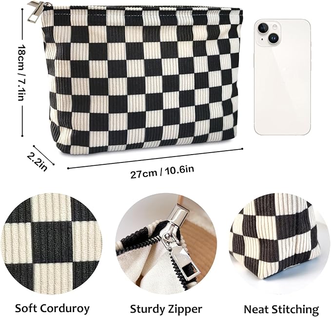STARDW Corduroy Checkered Makeup Bag Cute Cosmetic Bags for Women Girls, Travel Toiletry Bag Large Capacity Zipper Makeup Pouch, Purse Organizer Pouches