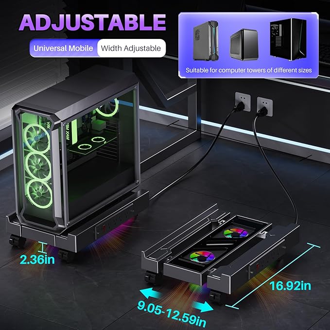 Computer Tower Stand with Charging Station, Cooler Fan and Light, Adjustable PC