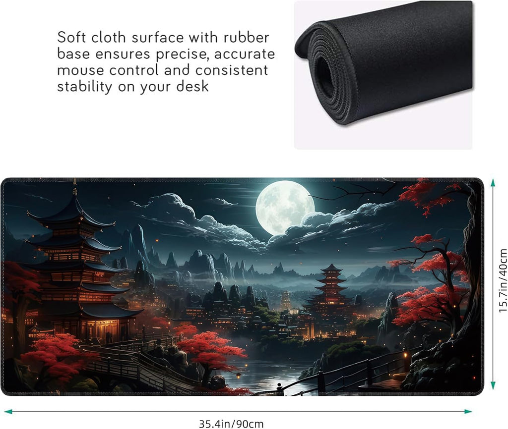 Japanese Full Moon Large Mouse Pad,Gaming Keyboard Desk Pad,Extended Mouse Mat Non-Slip Rubber Base with Stitched Edges for Office Game Home XXL 35.4"x15.7"