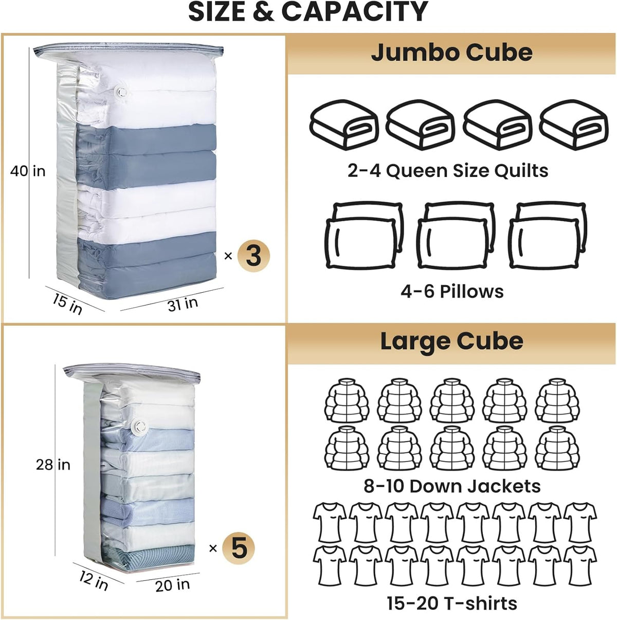 TAILI 8 Pack Vacuum Storage Bags, Cube Space Saver Bags Combo(3 Jumbo +5 Medium), Vacuum Seal Bags for Bedding, Clothing, Comforters, Blankets, Closet Oragnizaer and Space Saving