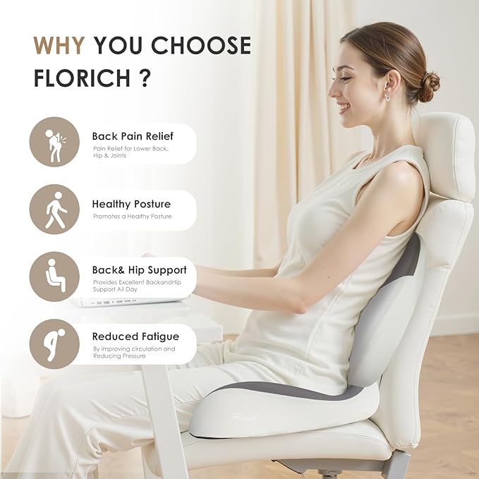 FLORICH Lumbar Support Pillow and Car Seat Cushion for Driving Car Office Chair, Memory Foam Back Support Pillow and Office Seat Chair Cushion for Sciatica Pain Relief - Grey