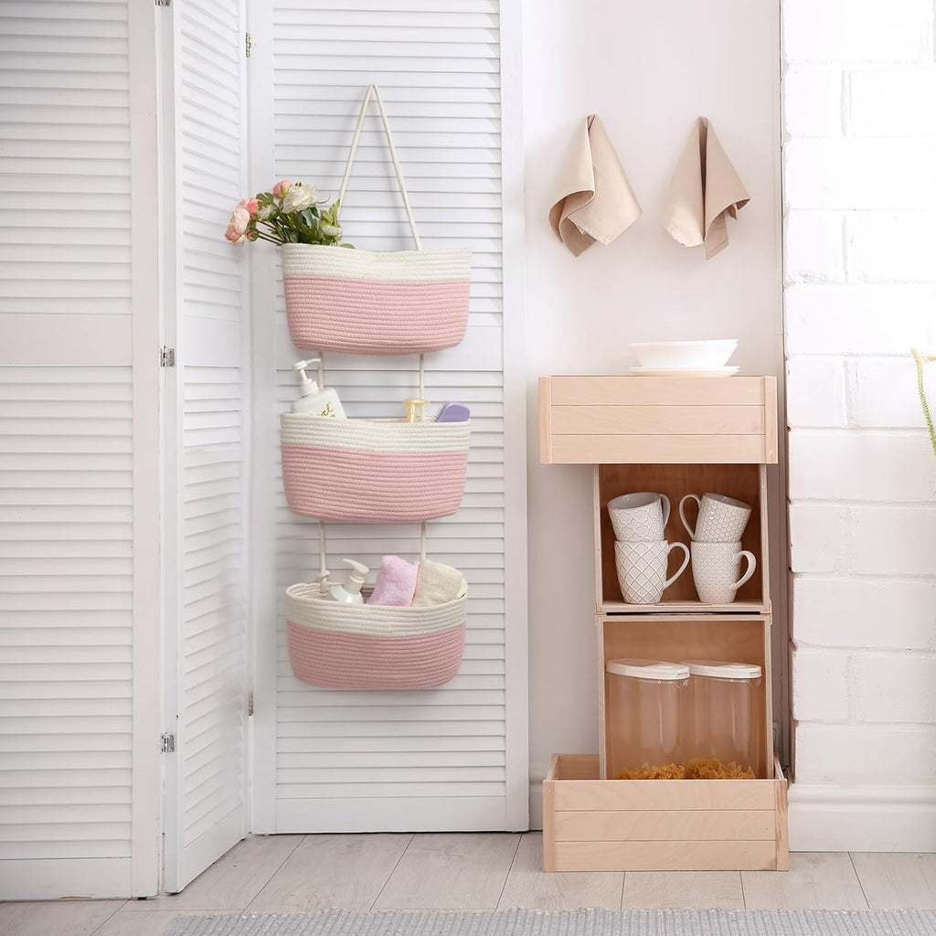 TeoKJ Over the Door Organizer, 3-Tier Woven Cotton Hanging Kitchen Baskets Storage Organizer Bag with Hooks Wall-Mounted Decorative Rope Baskets - Pink+White