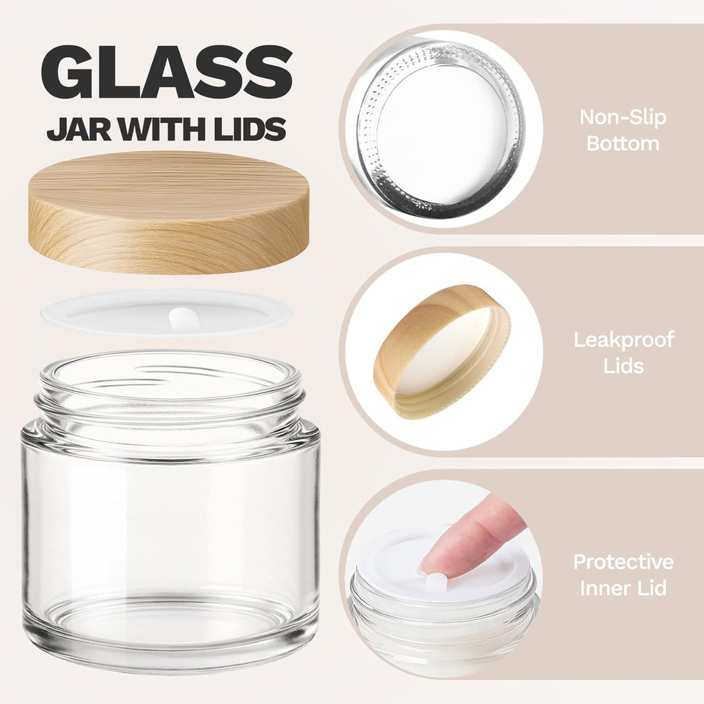 2 oz Glass Jars with Plastic Woodgrain Lids, Bumobum 48 pack Round Clear Cream Jars with Black and White Labels & Inner Liners, Empty Cosmetic Containers for Cream, Lotion, Ointment