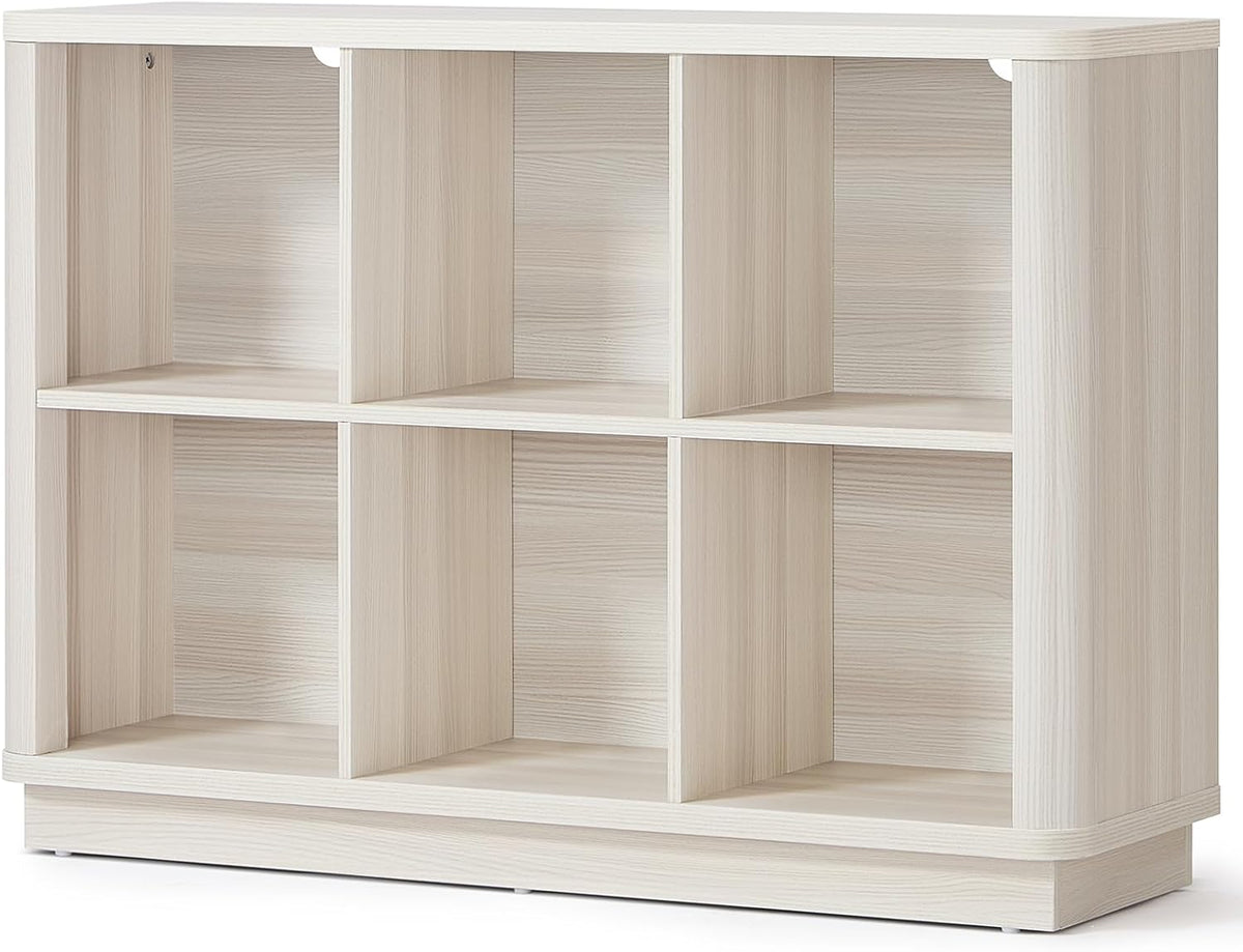 6 Cube Bookcase, 40" Wide Low Horizontal Book Shelf w/Curved Edge, Wood Floor Standing 2-Tier Bookshelf with Base, Modern Short Storage Cabinet Book Case for Bedroom, Office, White Cream Oak