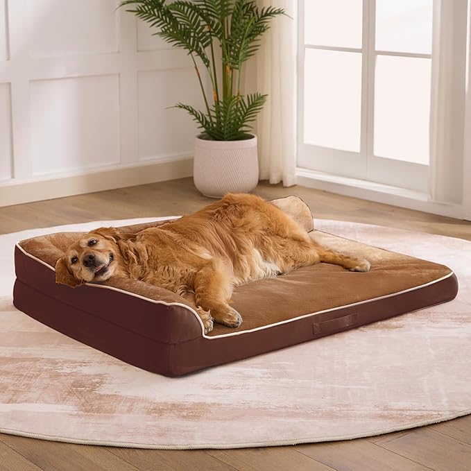 Aeroluxe Dog Bed Large Sized Dogs, Orthopedic Dog Bed for Large Dogs, Waterproof Pet Bed with Washable Removable Cover, L-Shaped Pet Couch with Portable Handle 36"x27"x6.5", Brown