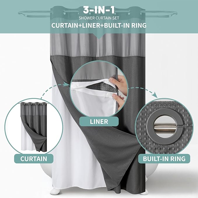 eachope Charcoal No Hook Waffle Weave Shower Curtain with snap-in Liner Replacement, 230GSM Waterproof Fabric Hotel Shower Curtain Set for Bathroom, Through Mesh Top Window,60Wx74H