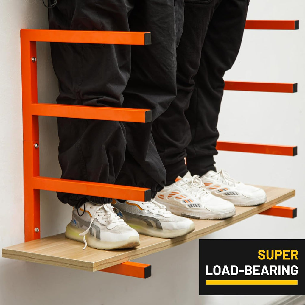 YYR Wood Organizer and Lumber Storage Rack Wall Mount, Heavy Duty Metal Shelf with 4-Level Holds Up 800 LBS, Indoor & Outdoor Use - Orange