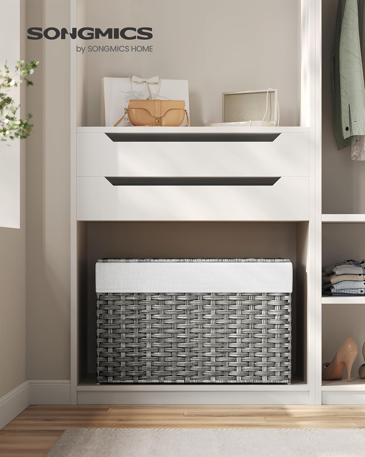SONGMICS Storage Basket with Lid, Woven Blanket Storage Bin with Handles, Foldable, Removable Liner, Metal Frame, for Bedroom, Laundry Room, 27.7 Gallons (105 L), Gray URST066G01