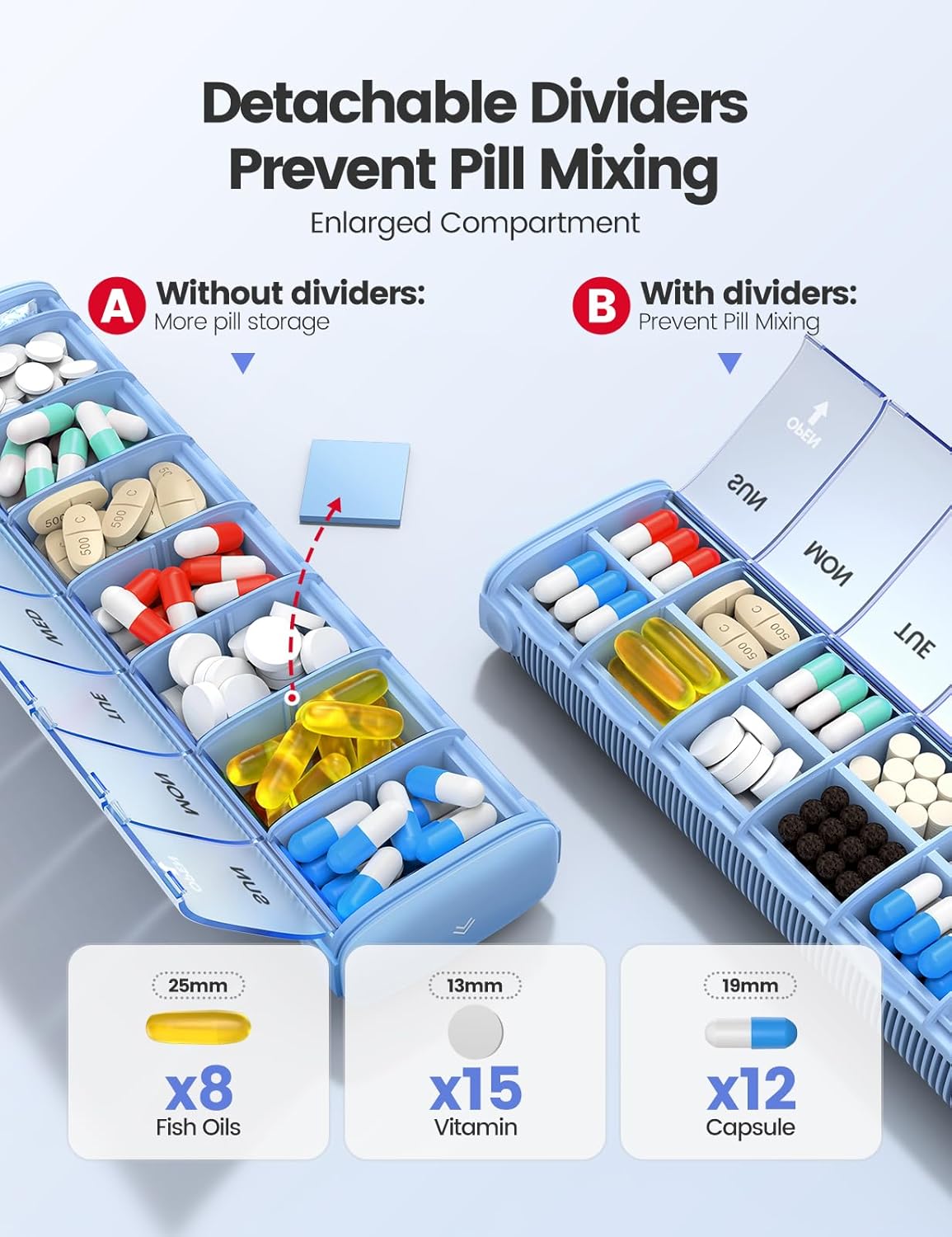VAYDEER Metal Weekly Pill Organizer – Moisture-Proof Travel Pill Organizer with Built-in Desiccant Chamber and Airtight Lids – Large-Capacity Pill Box for Vitamins, Medicines & Supplements (Rose Gold)