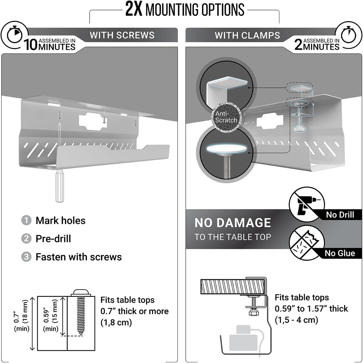 Under Desk Cable Management Tray no Drill – Wire Management - Cord Organizer – Huge Load Capacity – Under Desk Cable Tray no Drill (White, 2 Pieces Set)