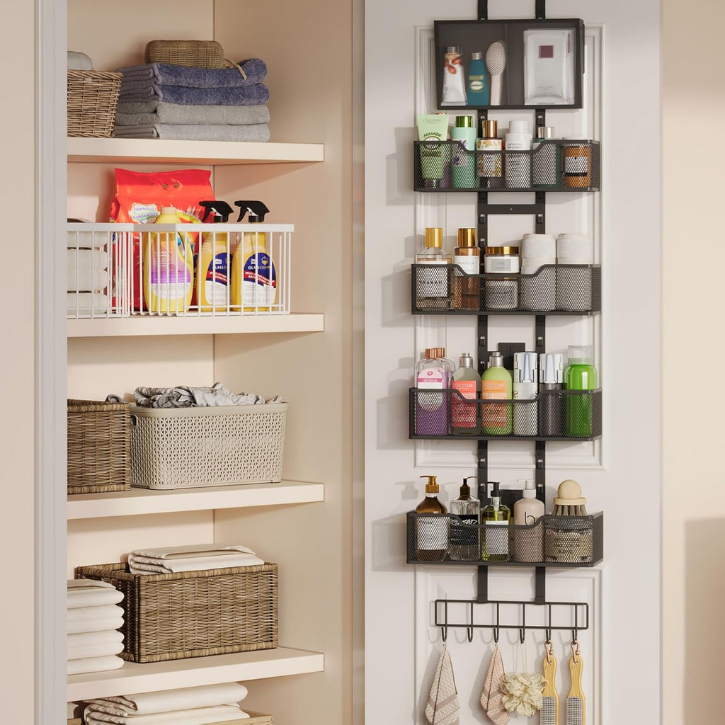 Adjustable Over the Door Pantry Organizer, 5-Tier Metal Pantry Door Organization and Storage, Hanging Door Spice Rack for Home Office Laundry Room Bathroom & Kitchen