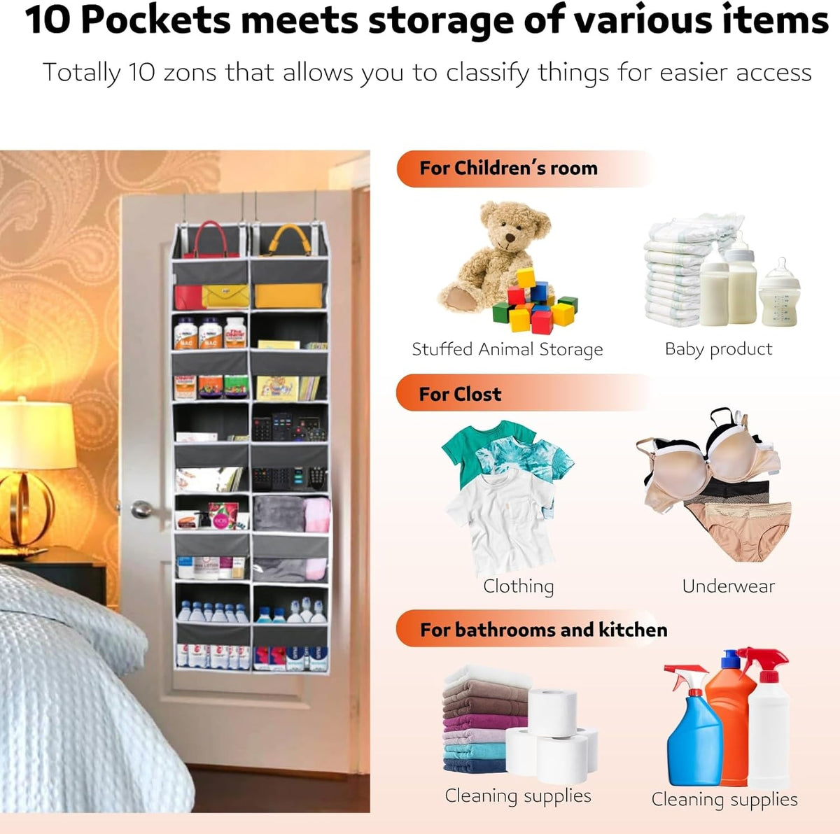 2 Pack Over the Door Organizer 5 Tiers, Extra Large Behind Door Storage of 10 Compartments, 80 lbs Weight Capacity Over Door Organizer, Door Hanging Organizer for Closet, Diaper Organizer,Room storage