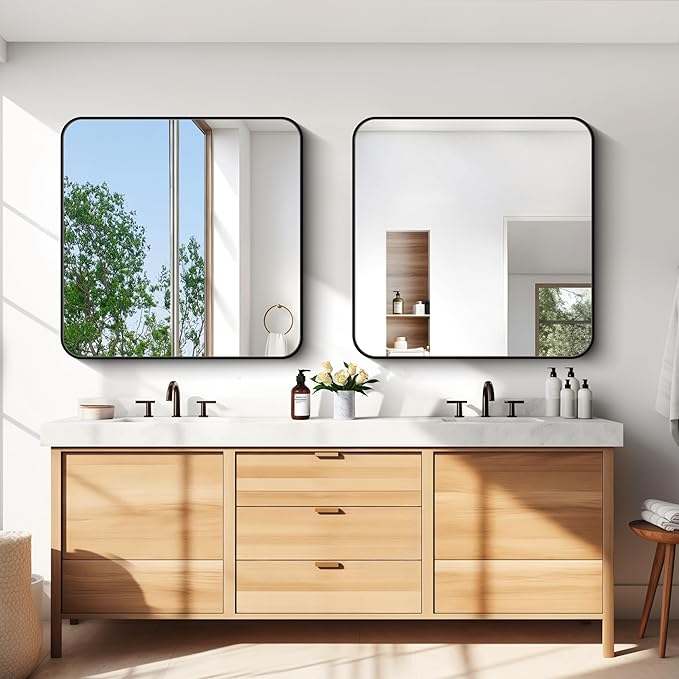 Bathroom Mirror, Metal Frame Rounded Corner Vanity Mirror, Large Wall Mounted
