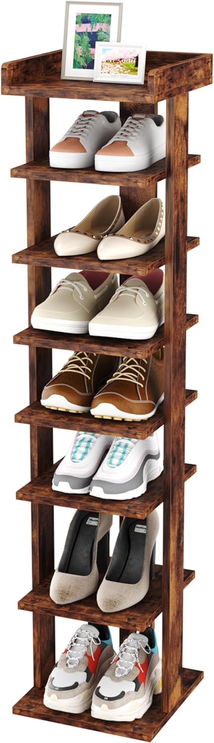 HOMEFORT 7-Tier Wood Shoe Rack, Entryway Shoe Tower,Vertical Shoe Organizer, Wooden Shoe Storage Stand, Rustic Brown