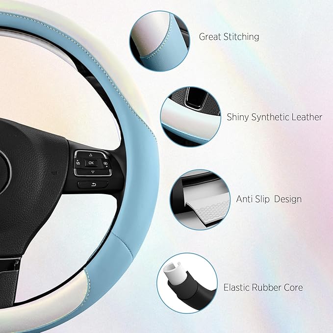 Road Comforts Steering Wheel Cover – Breathable Leather Steering Wheel Cover, Anti-Slip Grip, Universal Fit 14.5” to 15”, Heat & Cold Resistant for Cars, SUVs, and Trucks – Shining White & Blue