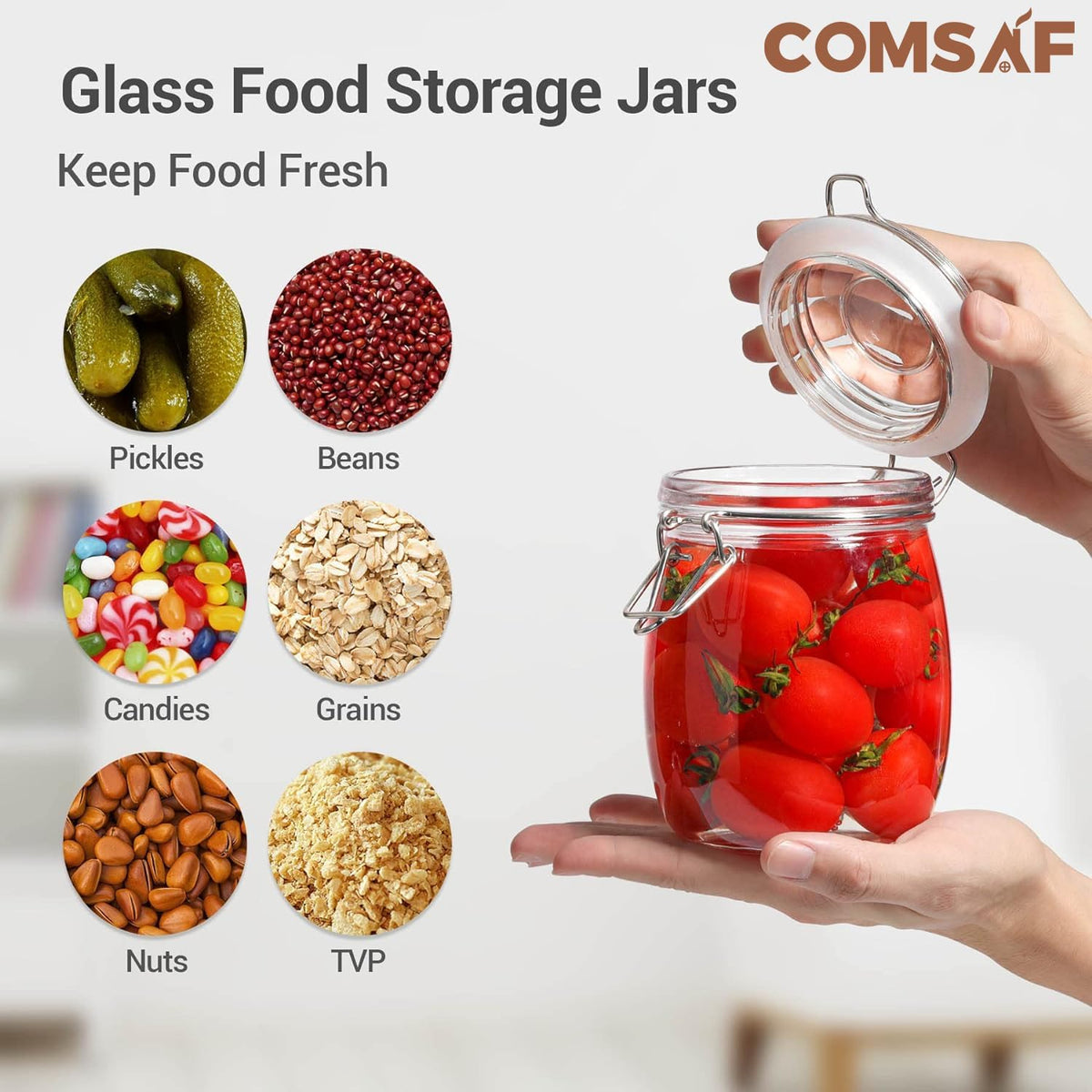 ComSaf 25oz Airtight Glass Canisters with Lids Set of 6, Round Food Storage Jar Container with Clamp Lids for Kitchen Canning Cereal Coffee Pasta Sugar Beans Spice, Clear Mason Jars with 12 Labels