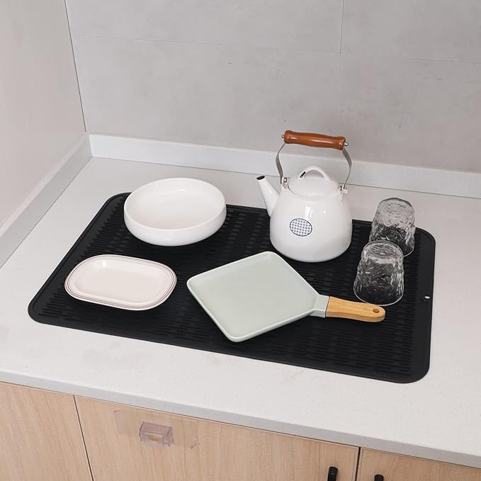 Silicone Dish Drying Mat for Multiple Usage,Easy clean,Eco-friendly,Heat-resistant Silicone Mat for Kitchen Counter or Sink,Refrigerator or Drawer Liner Black 3XL 28 inches x 18 inches