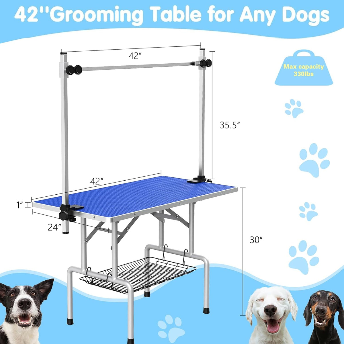 Lyromix 42''Large Dog Grooming Table, Adjustable Cat Drying Desktop with Arms, Nooses, Mesh Tray, Foldable Pet Station at Home, Maximum Capacity Up to 330Lb, 42inch, Blue